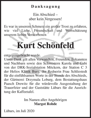 Traueranzeige von Kurt Schönfeld  von Magdeburger Volksstimme