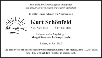 Traueranzeige von Kurt Schönfeld  von Magdeburger Volksstimme