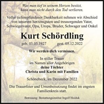 Traueranzeige von Kurt Schördling  von Magdeburger Volksstimme
