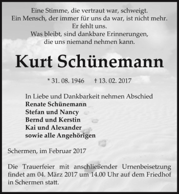 Traueranzeige von Kurt Schünemann  von Magdeburger Volksstimme