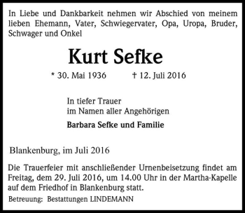 Traueranzeige von Kurt Sefke  von Magdeburger Volksstimme