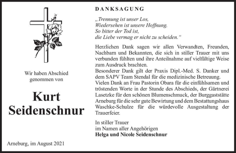  Traueranzeige für Kurt Seidenschnur  vom 21.08.2021 aus Magdeburger Volksstimme