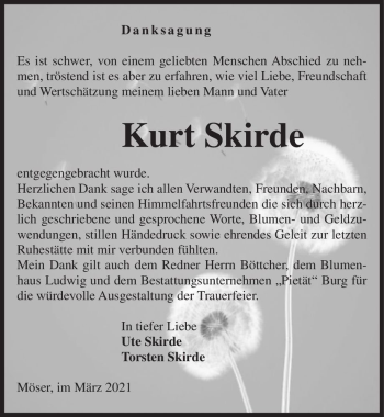 Traueranzeige von Kurt Skirde  von Magdeburger Volksstimme