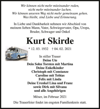 Traueranzeige von Kurt Skirde  von Magdeburger Volksstimme