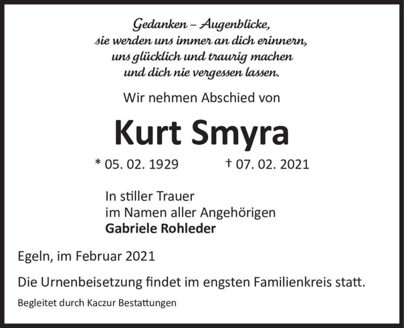  Traueranzeige für Kurt Smyra  vom 13.02.2021 aus Magdeburger Volksstimme