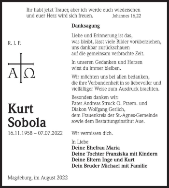 Traueranzeige von Kurt Sobola  von Magdeburger Volksstimme