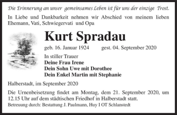 Traueranzeige von Kurt Spradau  von Magdeburger Volksstimme