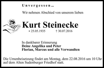Traueranzeige von Kurt Steinecke  von Magdeburger Volksstimme