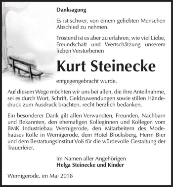Traueranzeige von Kurt Steinecke  von Magdeburger Volksstimme