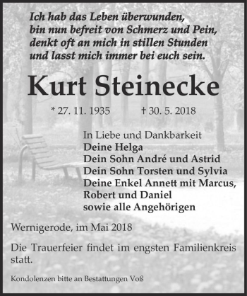Traueranzeige von Kurt Steinecke  von Magdeburger Volksstimme