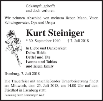Traueranzeige von Kurt Steiniger  von Magdeburger Volksstimme