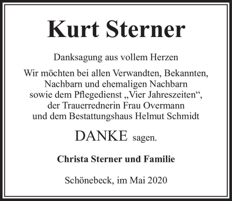  Traueranzeige für Kurt Sterner  vom 16.05.2020 aus Magdeburger Volksstimme