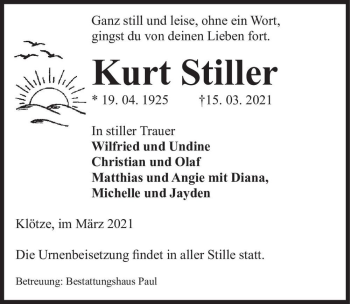 Traueranzeige von Kurt Stiller  von Magdeburger Volksstimme