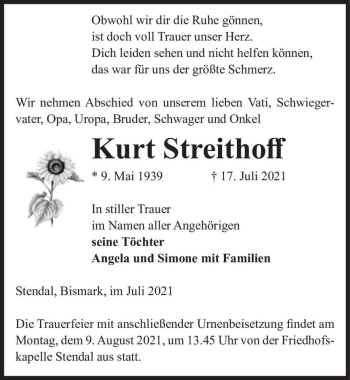 Traueranzeige von Kurt Streithoff  von Magdeburger Volksstimme