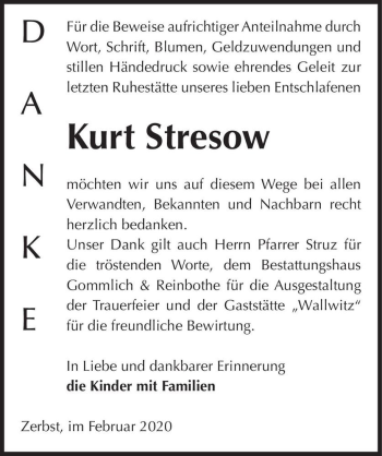Traueranzeige von Kurt Stresow  von Magdeburger Volksstimme