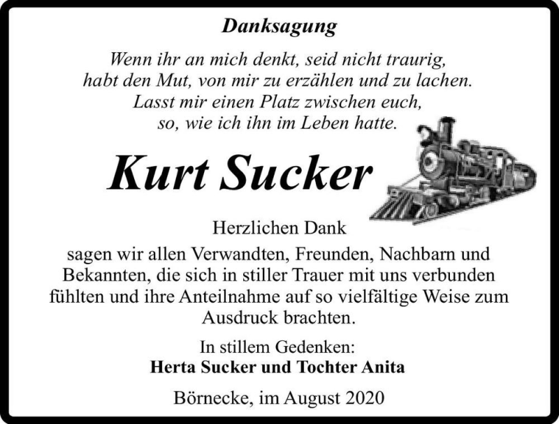  Traueranzeige für Kurt Sucker  vom 15.08.2020 aus Magdeburger Volksstimme