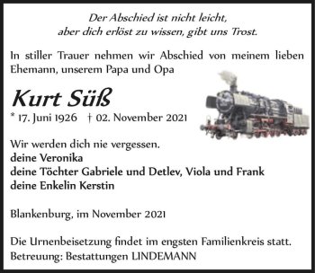 Traueranzeige von Kurt Süß  von Magdeburger Volksstimme