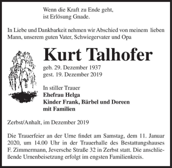 Traueranzeige von Kurt Talhofer  von Magdeburger Volksstimme