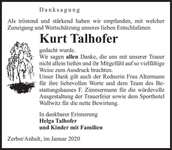 Traueranzeige von Kurt Talhofer  von Magdeburger Volksstimme
