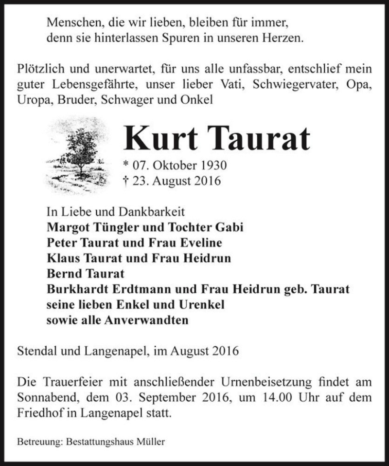  Traueranzeige für Kurt Taurat  vom 26.08.2016 aus Magdeburger Volksstimme