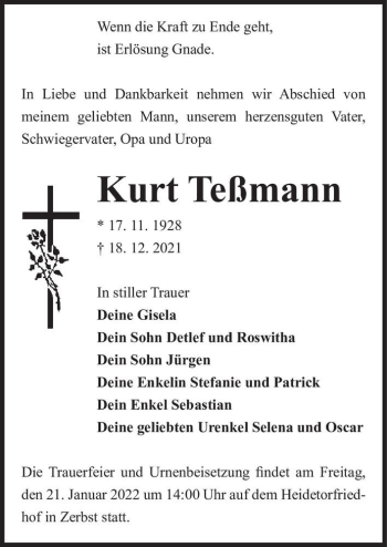Traueranzeige von Kurt Teßmann  von Magdeburger Volksstimme