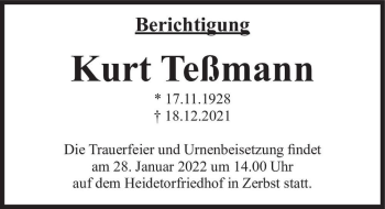 Traueranzeige von Kurt Teßmann  von Magdeburger Volksstimme