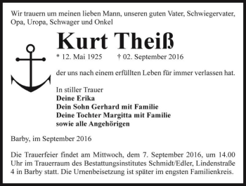 Traueranzeige von Kurt Theiß  von Magdeburger Volksstimme