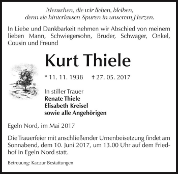Traueranzeige von Kurt Thiele  von Magdeburger Volksstimme