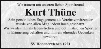 Traueranzeige von Kurt Thüne  von Magdeburger Volksstimme