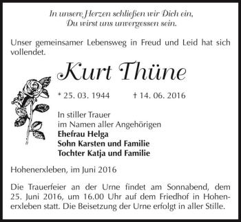 Traueranzeige von Kurt Thüne  von Magdeburger Volksstimme