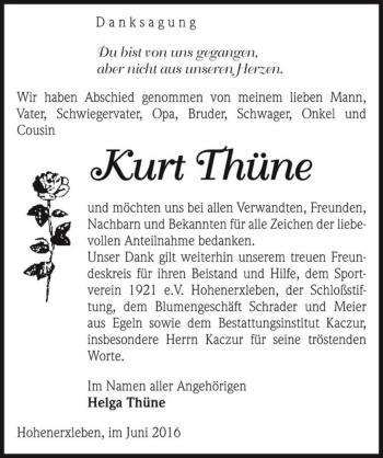 Traueranzeige von Kurt Thüne  von Magdeburger Volksstimme