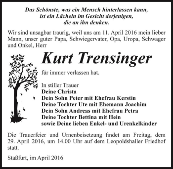 Traueranzeige von Kurt Trensinger  von Magdeburger Volksstimme