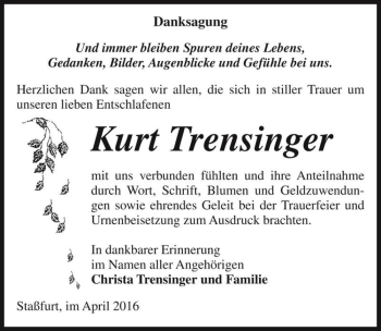 Traueranzeige von Kurt Trensinger  von Magdeburger Volksstimme