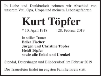 Traueranzeige von Kurt Töpfer  von Magdeburger Volksstimme