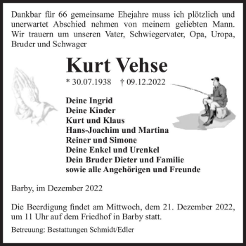 Traueranzeige von Kurt Vehse  von Magdeburger Volksstimme