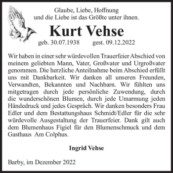 Traueranzeige von Kurt Vehse  von Magdeburger Volksstimme