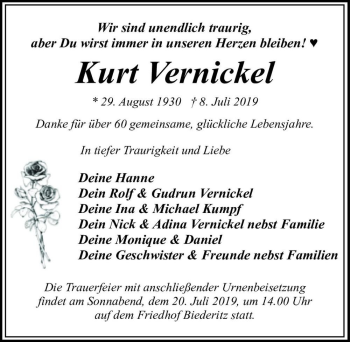 Traueranzeige von Kurt Vernickel  von Magdeburger Volksstimme