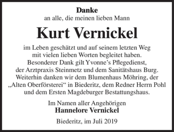 Traueranzeige von Kurt Vernickel  von Magdeburger Volksstimme