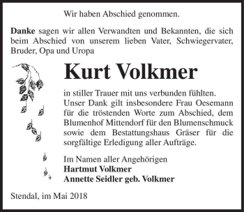 Traueranzeige von Kurt Volkmer  von Magdeburger Volksstimme