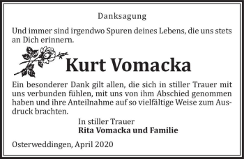 Traueranzeige von Kurt Vomacka  von Magdeburger Volksstimme