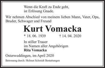 Traueranzeige von Kurt Vomacka  von Magdeburger Volksstimme