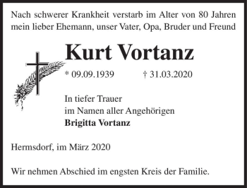 Traueranzeige von Kurt Vortanz  von Magdeburger Volksstimme