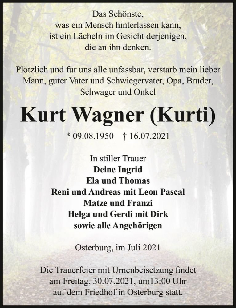  Traueranzeige für Kurt Wagner 