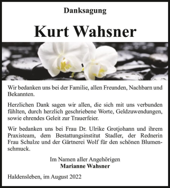 Traueranzeige von Kurt Wahsner  von Magdeburger Volksstimme