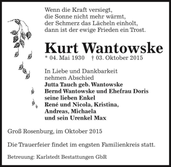 Traueranzeige von Kurt Wantowske  von Magdeburger Volksstimme