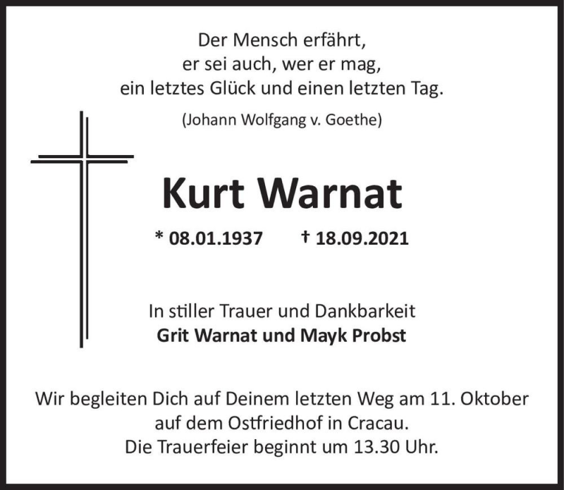  Traueranzeige für Kurt Warnat  vom 02.10.2021 aus Magdeburger Volksstimme