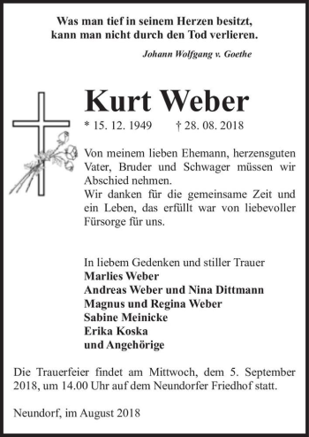 Traueranzeige von Kurt Weber  von Magdeburger Volksstimme