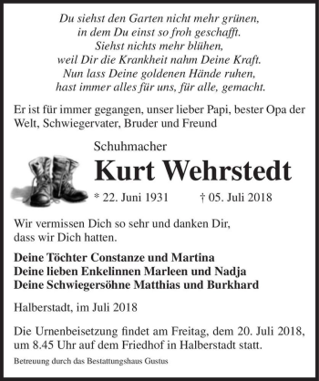 Traueranzeige von Kurt Wehrstedt  von Magdeburger Volksstimme
