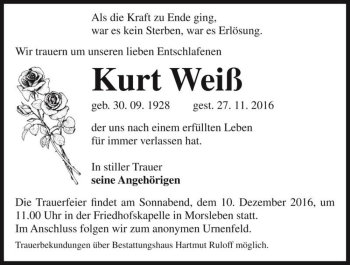 Traueranzeige von Kurt Weiß  von Magdeburger Volksstimme