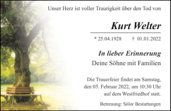 Traueranzeige von Kurt Welter  von Magdeburger Volksstimme